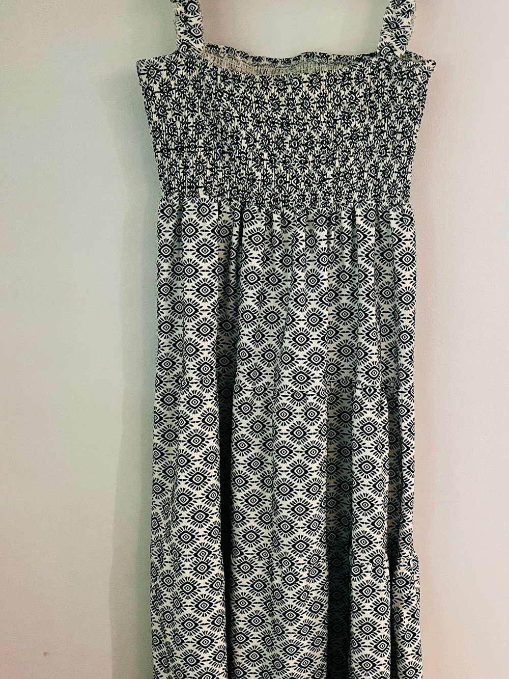 Dark Green & White Geometric Smocked Maxi Sundress